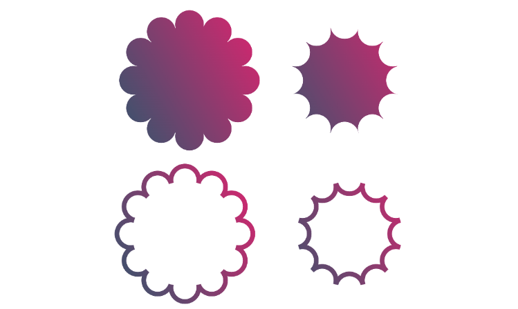 four flower-like shapes with purple to pink gradients. two of them have petals and two of them have spikes. two of them are filled and two of them are outlined.