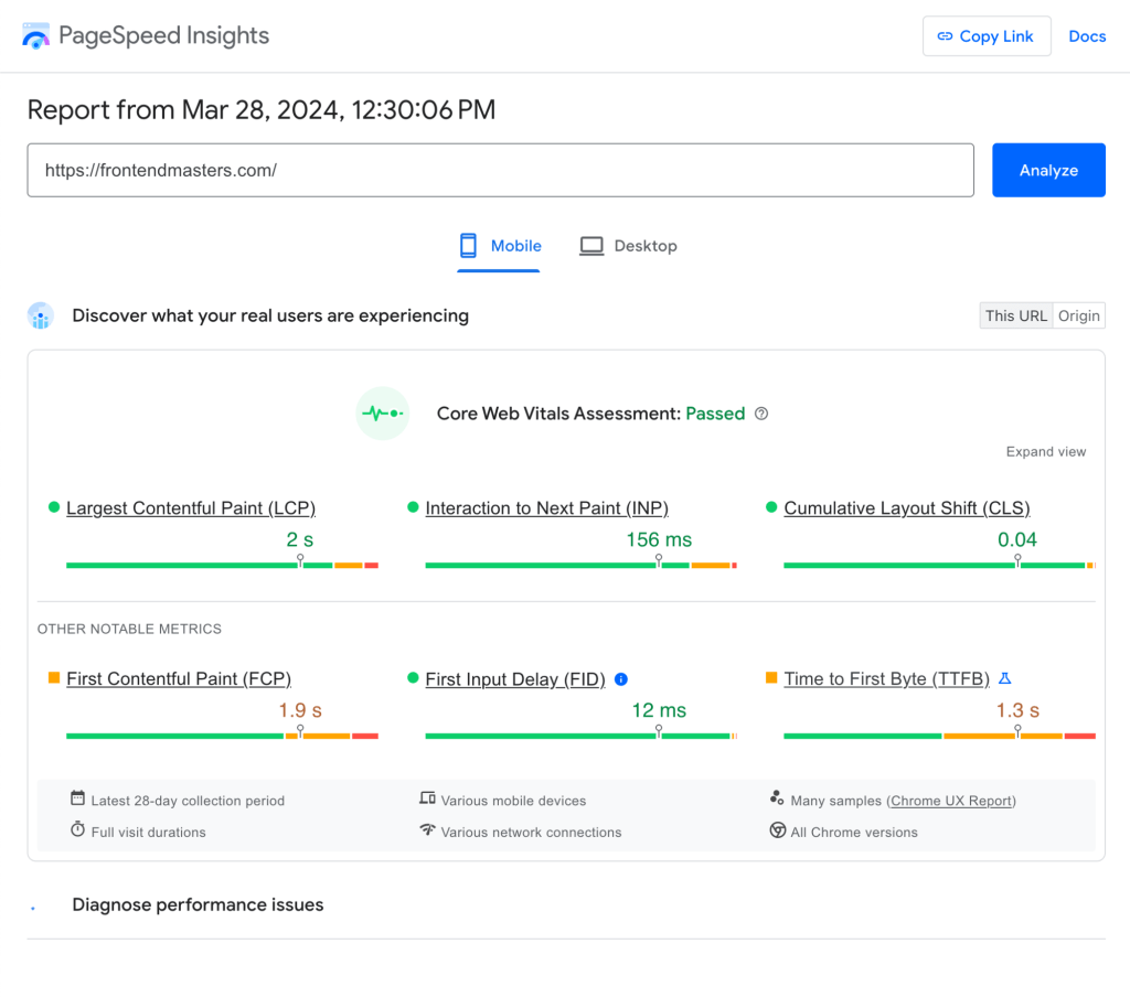 Screenshot of PageSpeed Insights showing a test for frontendmasters.com, showing off all the metrics like LCP, INP, CLS, etc. All Core Web Vitals are "green" / "passed"